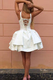 Fabulous White Satin A-Line Lace Up Back Homecoming Dress, Short Prom Dresses|promnova.com