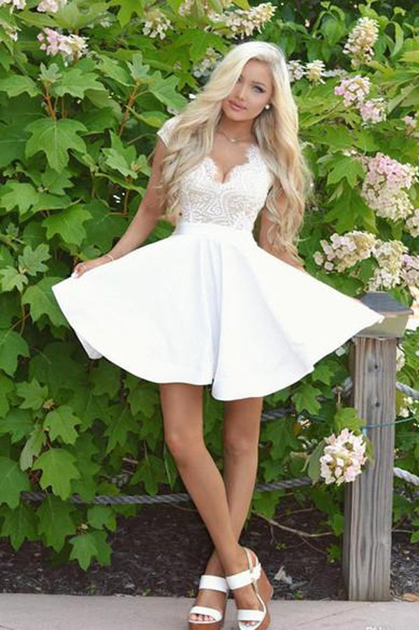 Cute White Lace A Line Cap Sleeves Short Homecoming Dress with Open Back PH342
