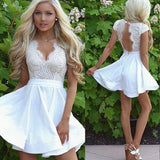 Cute White Lace A Line Cap Sleeves Short Homecoming Dress with Open Back|promnova.com