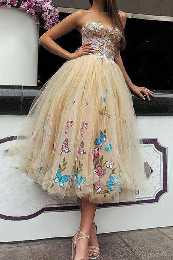 Tulle Princess Ball Gown Lace Top Strapless Homecoming Dresses Tea Length Prom Dress PH343