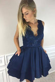 Dark BlueA line Lace V-neck Short Homecoming Dresses, Short Prom Dress, PH347