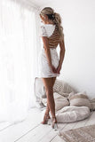 White Sheath Short Sleeves Round Neck Lace-Up Lace Homecoming Dress from promnova.com