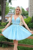 Blue Tulle Lace Beaded Open Back Short Prom Dress Homecoming Dresses PH354