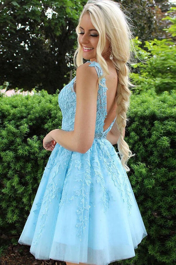 Blue Tulle Lace Beaded Open Back Short Prom Dress Homecoming Dresses with Appliques PH354 | homecoming dresses | graduation dresses | short prom dresses | sweet 16 | dresses for homecoming | long sleeve homecoming dresses | short homecoming dresses | homecoming dresses short | homecoming dresses cheap | cheap homecoming dresses | plus size homecoming dresses | Promnova