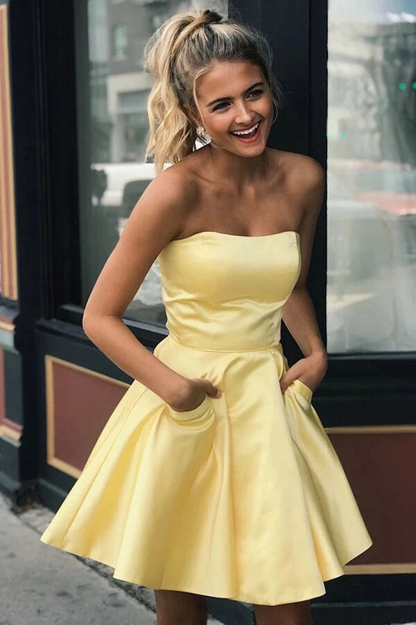 Strapless Simple Yellow Satin Short Prom Dresses, Homecoming Dresses with Pockets PH356 | homecoming dresses | graduation dresses | short prom dresses | sweet 16 | dresses for homecoming | long sleeve homecoming dresses | short homecoming dresses | homecoming dresses short | homecoming dresses cheap | cheap homecoming dresses | plus size homecoming dresses | Promnova