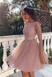 Pink Sequins Long Sleeves Homecoming Dresses Short Prom Dresses PH357