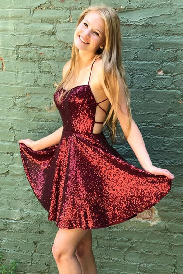 Sequins Burgundy Homecoming Dresses, Short Prom Dress PH358