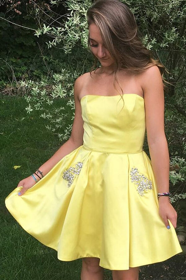 Yellow Satin Homecoming Dresses with Pockets PH359 | Promnova US0 / Custom Color(leave a note) Yellow Satin Homecoming Dresses with Pockets PH359 | Promnova US0 / Custom Color(leave a note)