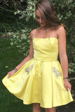 Yellow Satin Short Prom Dresses, Homecoming Dresses with Pockets PH359
