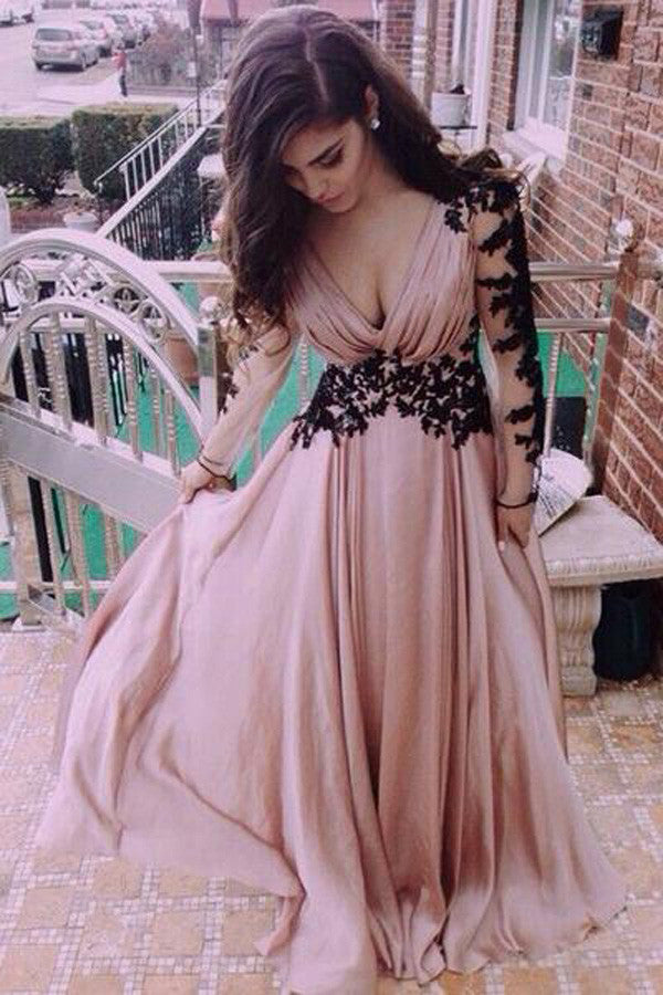V-Neck Lace Long Sleeve Prom Dresses,Cheap Evening Dresses,Party Dress – Promnova