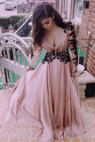 V-Neck Lace Long Sleeve Prom Dresses,Cheap Evening Dresses, PL102