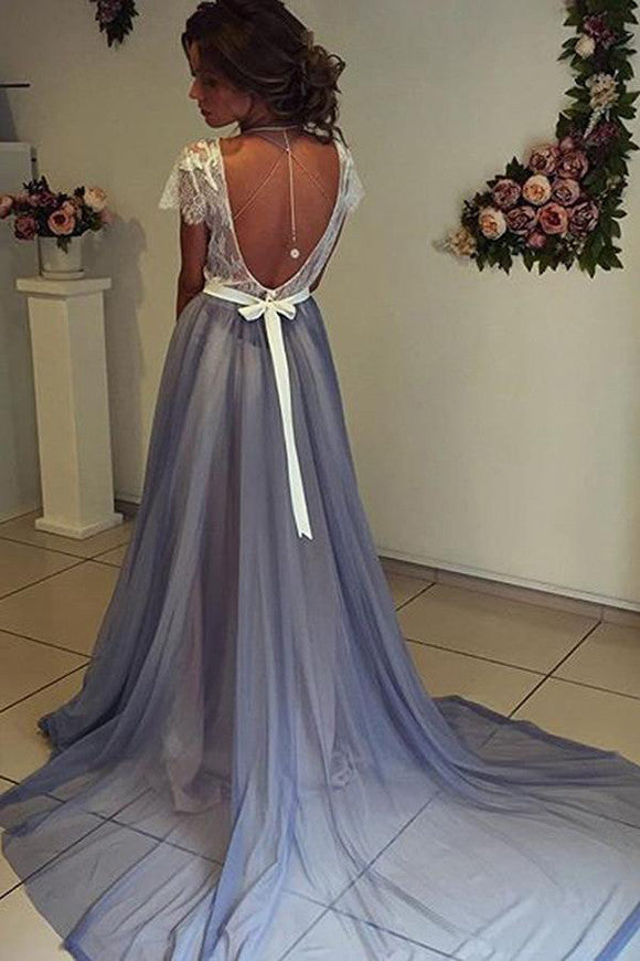 Scoop Neckline Cap Sleeves Chiffon Prom Dress with Lace Backless US8 / As Picture Scoop Neckline Cap Sleeves Chiffon Prom Dress with Lace Backless US8 / As Picture