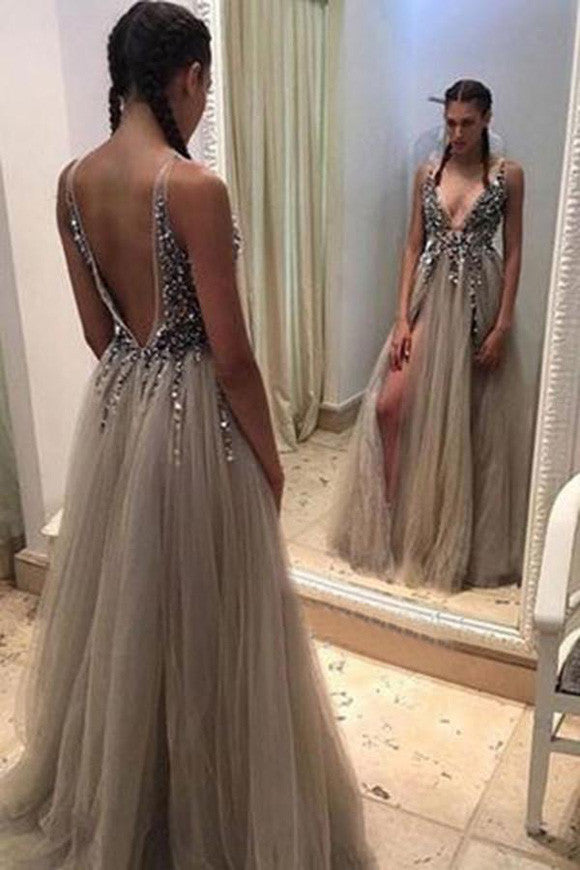Grey Deep V-neck Open Back Split Sweep Train Prom Dress with Beading, PL105 - Promnova