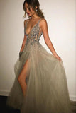 Grey Deep V-neck Open Back Split Sweep Train Prom Dress with Beading, PL105