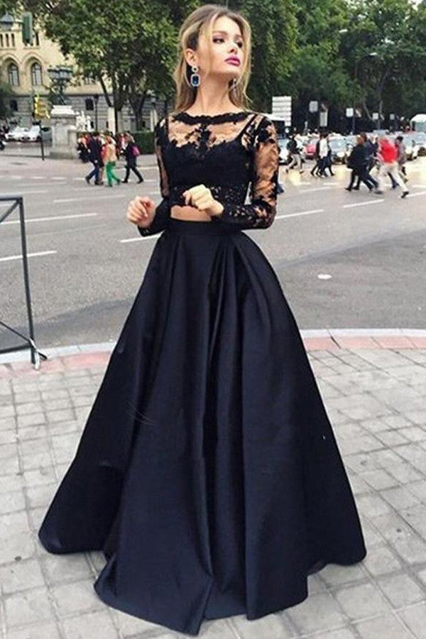 Two Piece Lace Long Sleeves Evening Dress, Cheap Black Prom Dresses –  Promnova