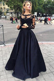 Two Piece Lace Long Sleeves Evening Dress, Black Prom Dresses, PL106