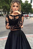 Two Piece Lace Long Sleeves Evening Dress, Black Prom Dresses, PL106
