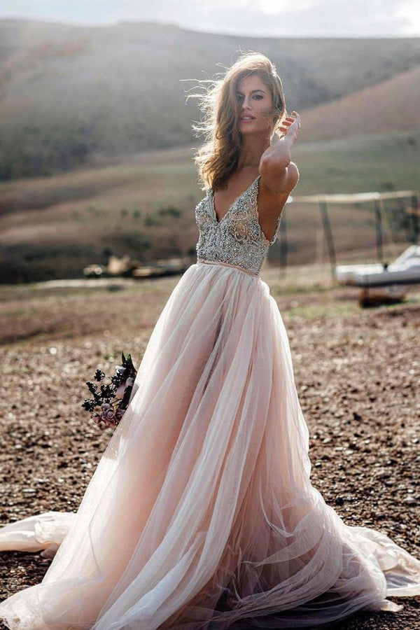 Pink A Line V- Neck Beading Sexy Beach Wedding Dress, Tulle Long Prom Dress, PL108