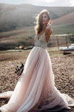 Pink A Line V- Neck Beading Sexy Beach Wedding Dress, Tulle Long Prom Dress, PL108