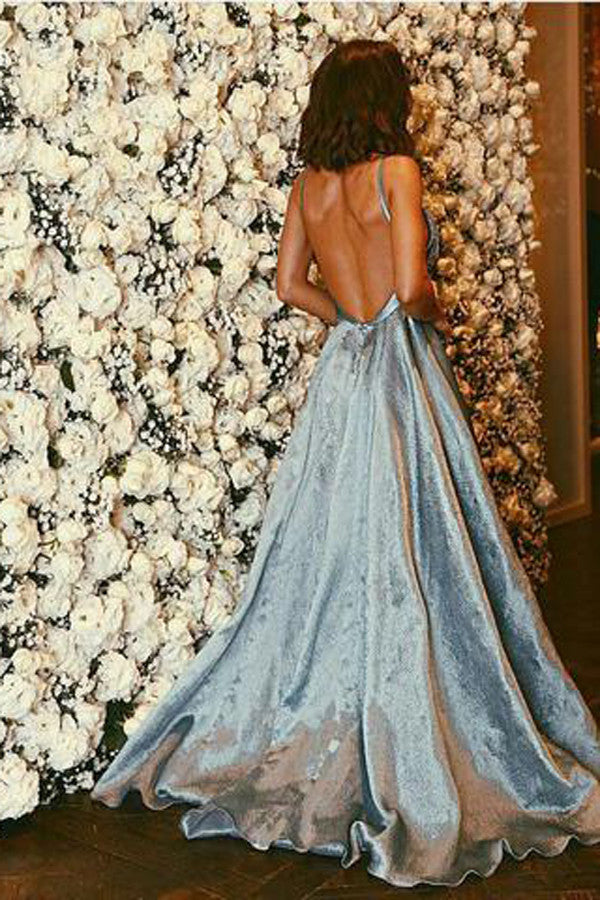 Pretty Blue Ball Gown Formal Dresses, A Line Straps V Neck Backless Prom Dress, PL109