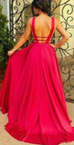 Deep V-Neck Long Evening Dress,Sexy Red A-Line Backless Prom Dresses, PL110