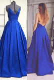 Royal Blue Simple A-line V-neck Cheap Open Back Prom Dresses, PL112