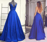 Royal Blue Simple A-line V-neck Cheap Open Back Prom Dresses, PL112
