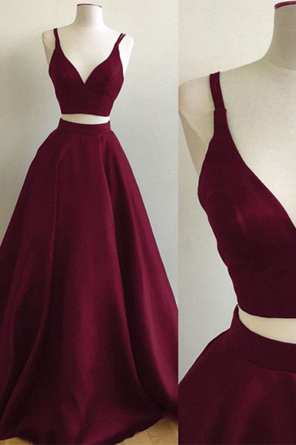 Burgundy Straps Two-Piece Prom Dresses,Puffy A-line Evening Gowns, PL114