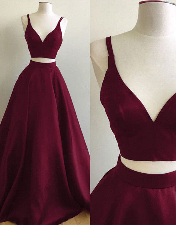 Burgundy Straps Two-Piece Prom Dresses,Puffy A-line Evening Gowns, PL114