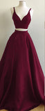 Burgundy Straps Two-Piece Prom Dresses,Puffy A-line Evening Gowns, PL114