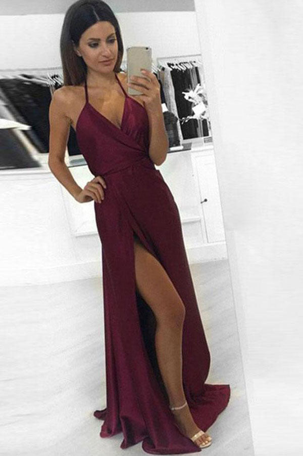 Burgundy Sexy Halter A-line Long Prom Dress,Formal Evening Dresses – Promnova