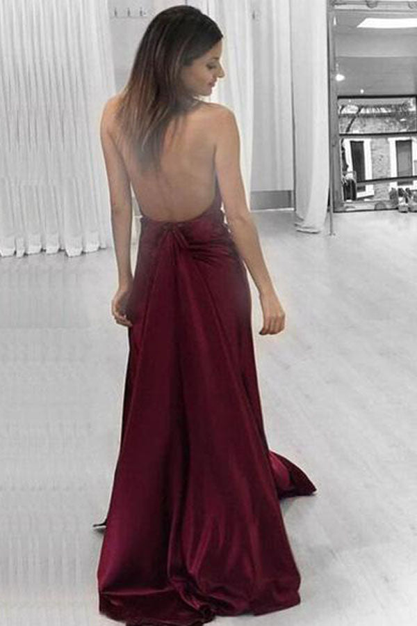 Burgundy Sexy Halter A-line Long Prom Dress,Formal Evening Dress,PL115 - Promnova