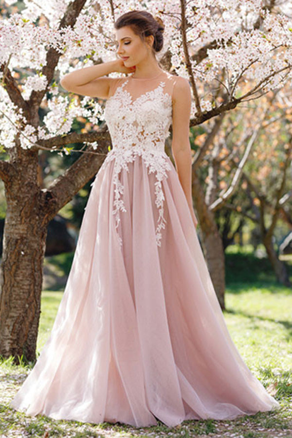 Pink Round Neck A-Line Sleeveless Tulle Long Prom Dress with Apliques US0 / Custom Color