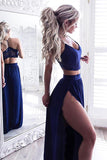 Two Piece Royal Blue V-Neck Prom Dress with Lace,Evening Dresses,PL120