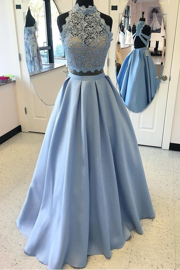 Light Blue High Neck Backless Lace Prom Dress,Long Party Dresses Promnova Light Blue High Neck Backless Lace Prom Dress,Long Party Dresses Promnova