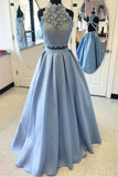 Light Blue High Neck Backless Lace Prom Dress Evening Gowns,PL121