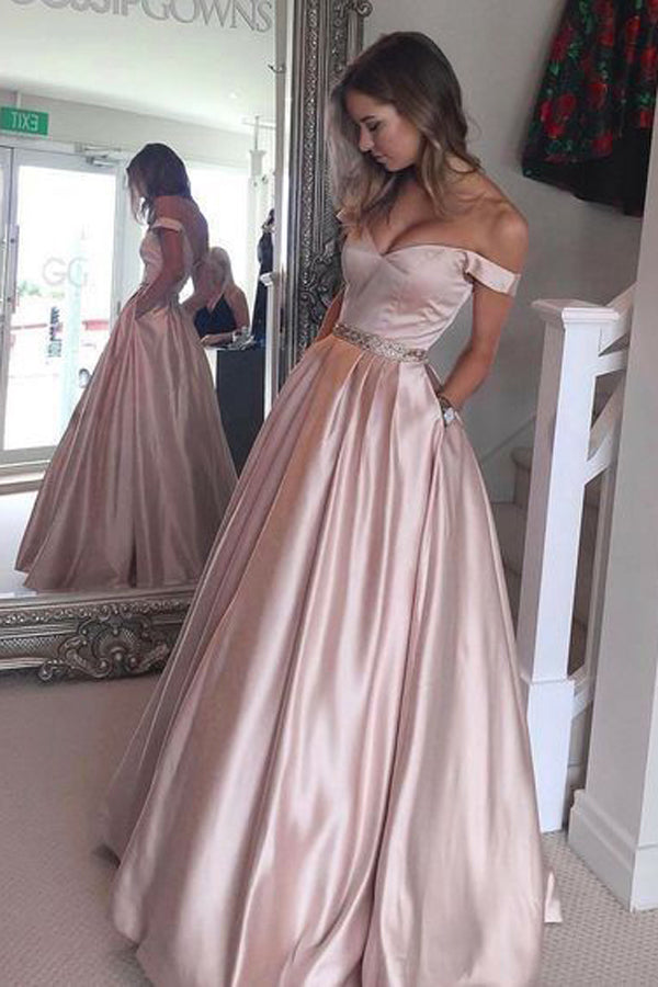 Pink Simple A-line Off the shoulder Long Prom Dress with Pocket,PL122