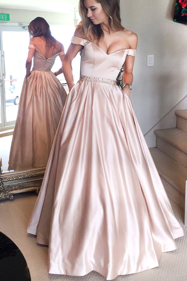 Pink Simple A-Line Off The Shoulder Long Prom Dress with Pocket US14 / Custom Color Pink Simple A-Line Off The Shoulder Long Prom Dress with Pocket US14 / Custom Color