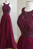 Burgundy Chiffon A-Line Halter Sweep Train Prom Dress with Beading,PL124