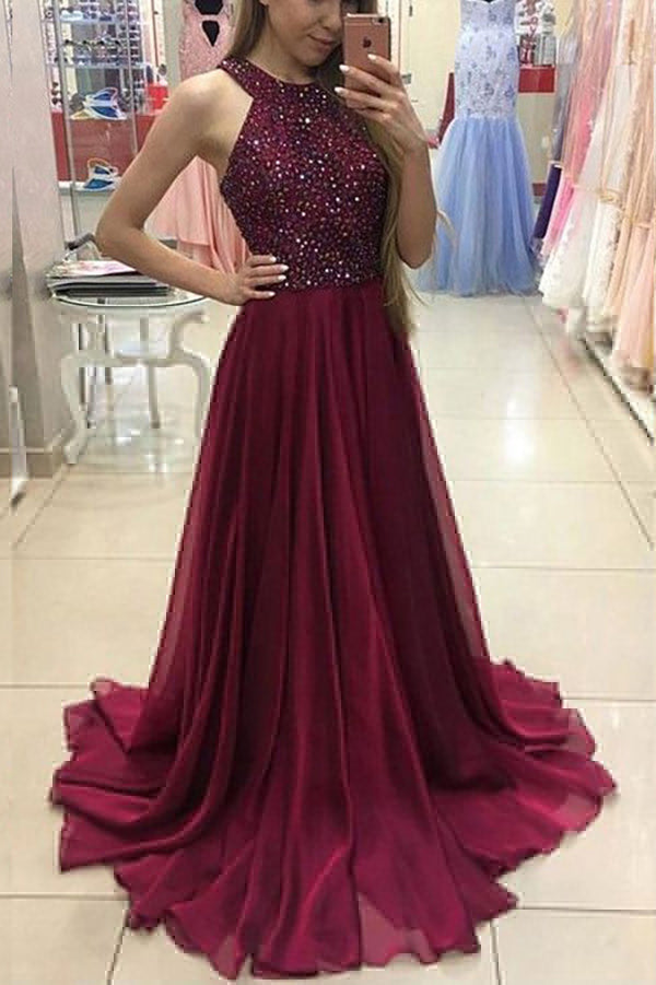 Burgundy Chiffon A-Line Halter Sweep Train Prom Dress with Beading US0 / Custom Color
