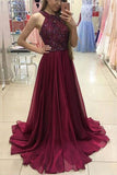 Burgundy Chiffon A-Line Halter Sweep Train Prom Dress with Beading,PL124