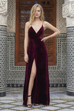 Spaghetti Straps Wine Velvet V-neck Slit long Prom Dresses,Party Dress, PL125