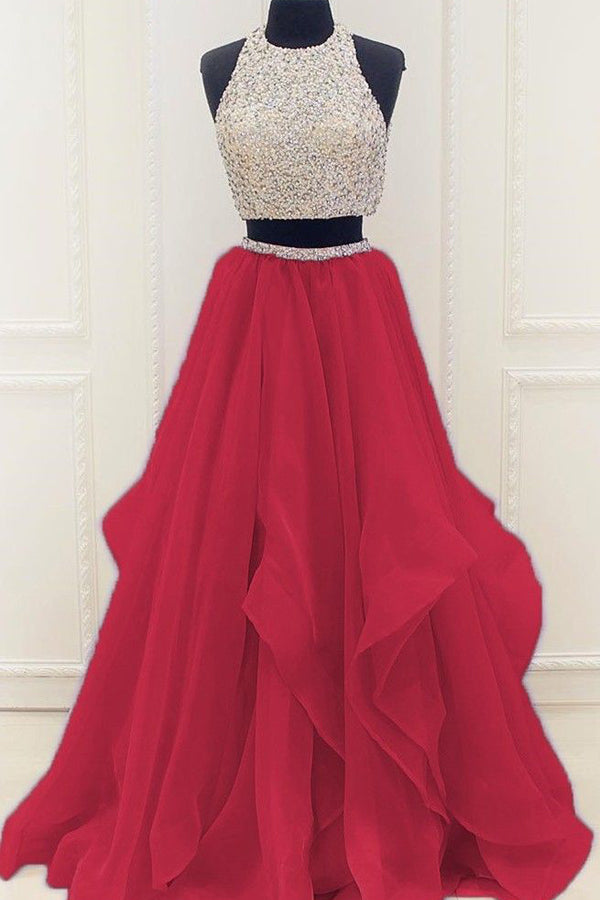 Red Two Pieces A Line Prom Dress with Beading,Fabulous Evening Dress   Promnova