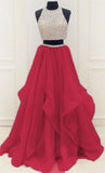 Red Two Pieces A Line Prom Dress with Beading,Fabulous Evening Dresses,PL128