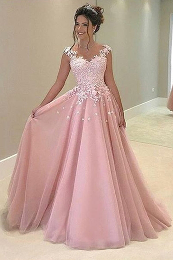 Pink Long Prom Dresses with Appliques,Evening Dress,Formal Dresses – Promnova