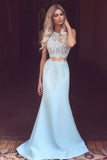 Light Blue White Lace See-Through Round Neck Mermaid Long Prom Dresses, PL130