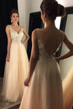 V-Neck Prom Dresses With Appliques,A-line Tulle Beaded Long Prom Dresses,PL133