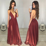 Sexy Burgundy Deep V-Neck Spaghettis Straps Side Slits Prom Dress, PL137