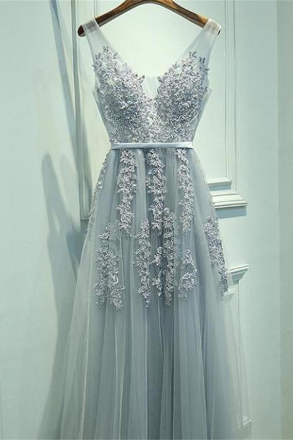 Grey Lace V Neck Tulle Long Prom Dress,Cheap Party Dresses on Line – Promnova Grey Lace V Neck Tulle Long Prom Dress,Cheap Party Dresses on Line – Promnova