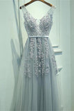 Grey Lace V Neck Tulle Long Prom Dress,Cheap Party Dresses on Line, PL141